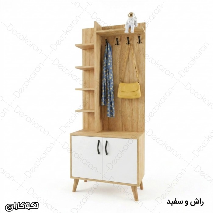 جاکفشی و جالباسی مدل JL132 کم‌جا با قفسه دکوراتیو