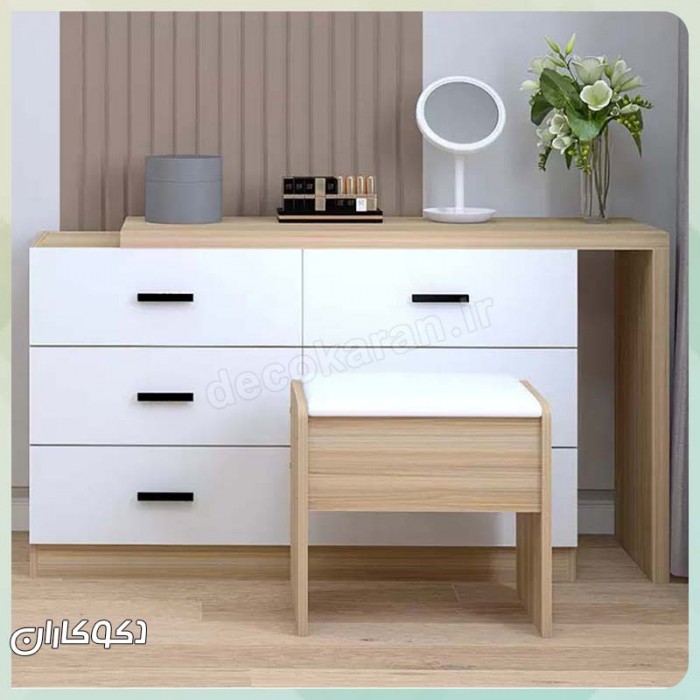 میز آرایش مدل MZ126 دکوکاران – MDF ضد خش و ضد لک با کشو ریلی و آینه ۴ میل