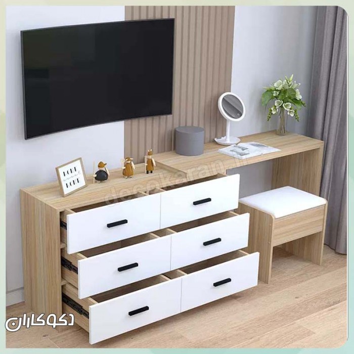 میز آرایش مدل MZ126 دکوکاران – MDF ضد خش و ضد لک با کشو ریلی و آینه ۴ میل
