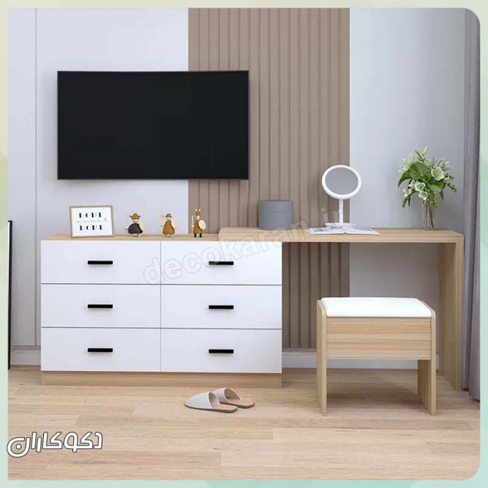 میز آرایش مدل MZ126 دکوکاران – MDF ضد خش و ضد لک با کشو ریلی و آینه ۴ میل