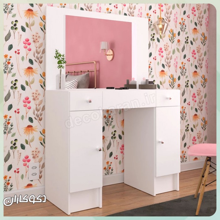 میز آرایش مدل MZ127 دکوکاران MDF ضد خش و ضد لک با کشو ریلی و آینه جیوه‌ای ثابت