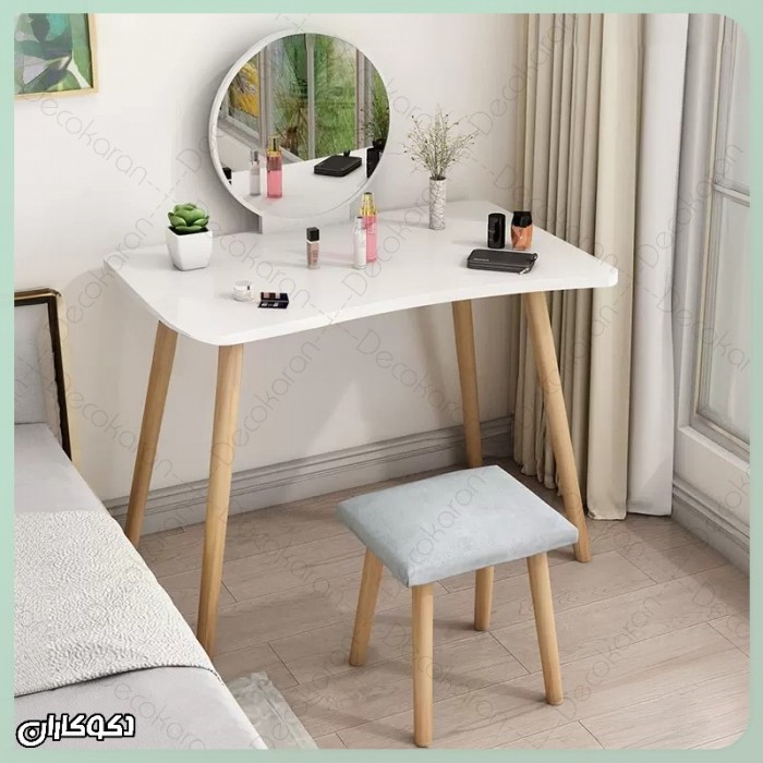 میز آرایش مدل MZ130 دکوکاران، MDF ضد خش و ضد لک با کشو ریلی و پاف