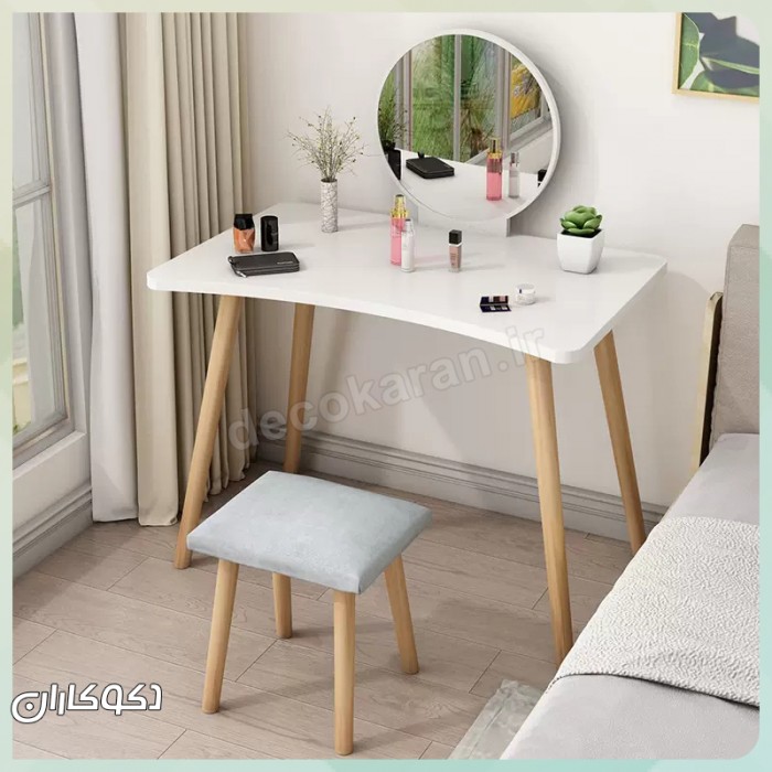 میز آرایش مدل MZ130 دکوکاران، MDF ضد خش و ضد لک با کشو ریلی و پاف