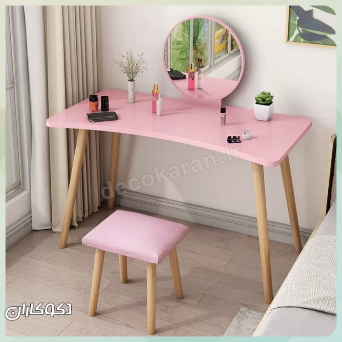 میز آرایش مدل MZ130 دکوکاران، MDF ضد خش و ضد لک با کشو ریلی و پاف