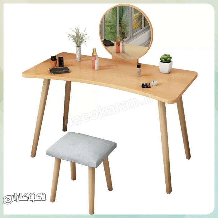 میز آرایش مدل MZ130 دکوکاران، MDF ضد خش و ضد لک با کشو ریلی و پاف
