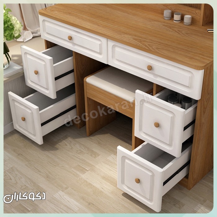 میز آرایش مدل MZ132 دکوکاران | میز آرایش MDF ضد خش، کشوی ریلی، پاف اسفنجی