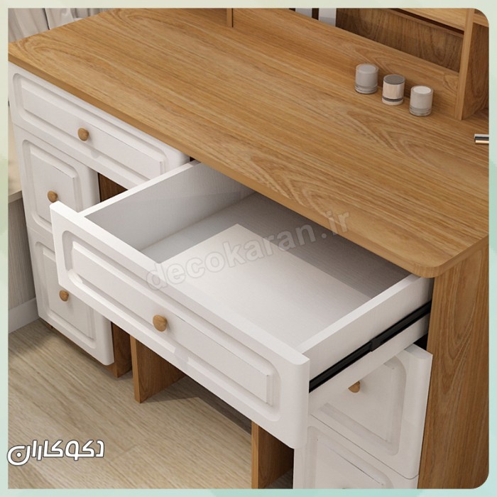 میز آرایش مدل MZ132 دکوکاران | میز آرایش MDF ضد خش، کشوی ریلی، پاف اسفنجی