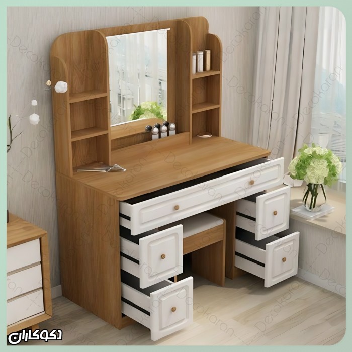 میز آرایش مدل MZ132 دکوکاران | میز آرایش MDF ضد خش، کشوی ریلی، پاف اسفنجی