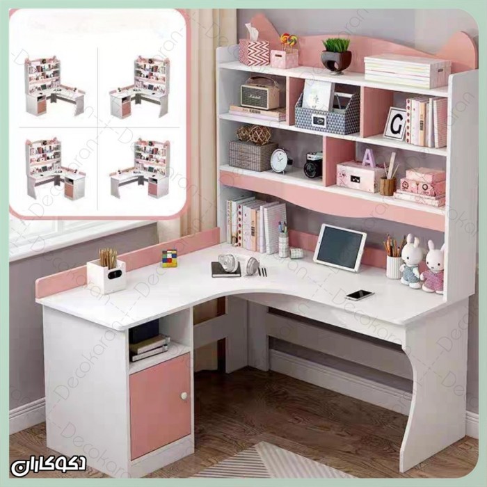 میز تحریر کتابخانه دار MDF ضد خش صورتی و آبی | دکوکاران