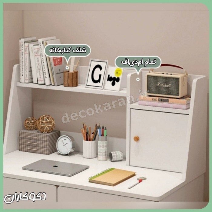 میز تحریر کنج mt129؛ انتخاب حرفه‌ای با طراحی کتابخانه دار و کشو | دکوکاران