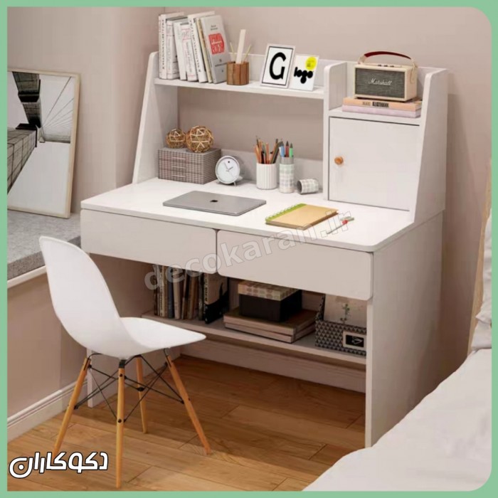 میز تحریر کنج mt129؛ انتخاب حرفه‌ای با طراحی کتابخانه دار و کشو | دکوکاران