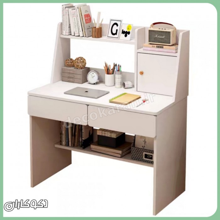 میز تحریر کنج mt129؛ انتخاب حرفه‌ای با طراحی کتابخانه دار و کشو | دکوکاران