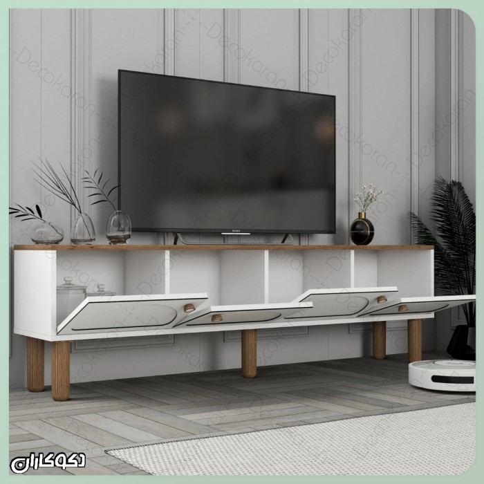 میز تلویزیون دکوکاران؛ مدرن‌ترین میز TV از MDF ضد خش با پایه چوبی و رنگبندی قابل سفارش