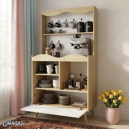 کافی بار ایستاده مدل KF107 با آویز ماگ و فضای قهوه‌ساز
