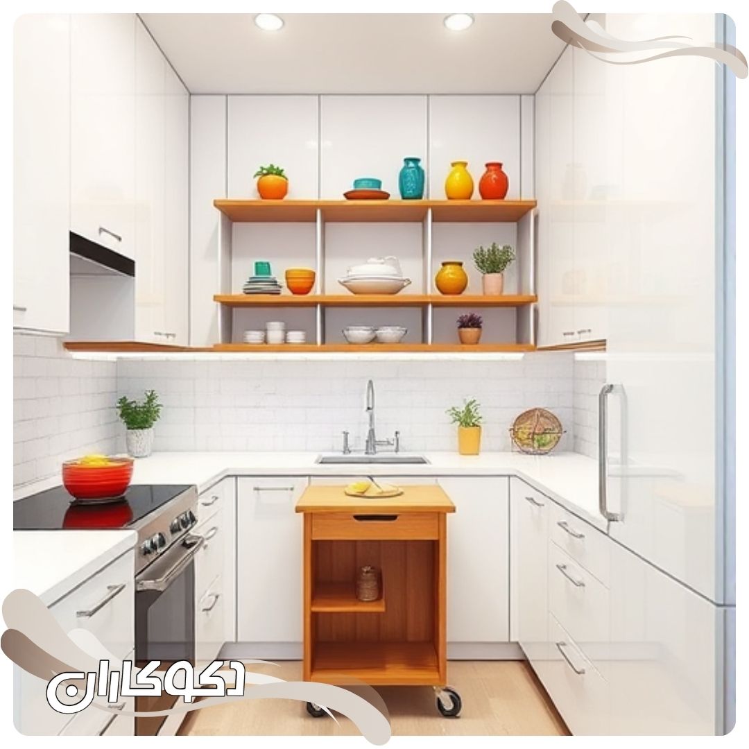 آشپزخانه کوچک با کابینت‌های سفید بلند