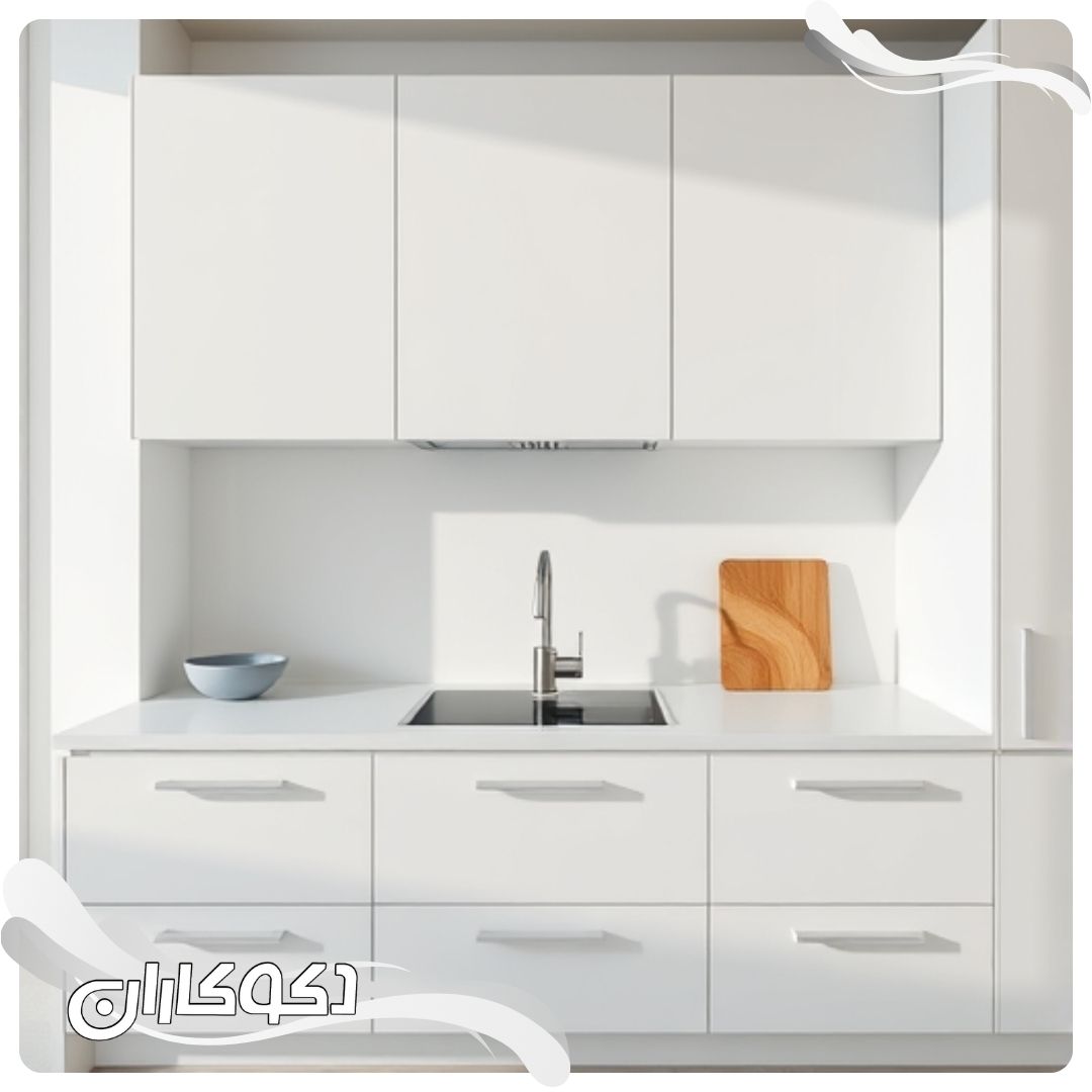 آشپزخانه مینیمال با کابینت‌های سفید بدون دستگیره،