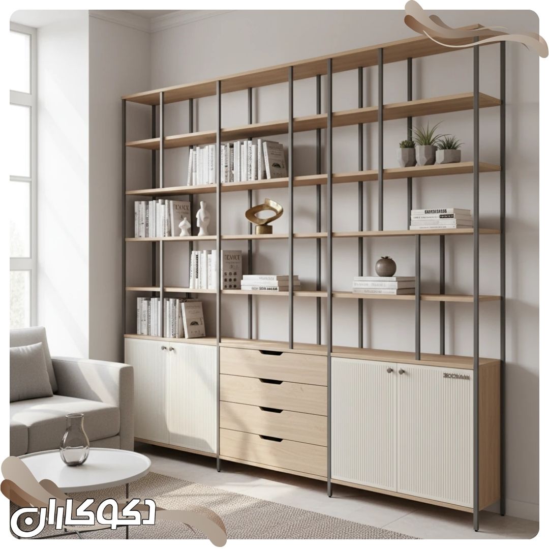 کتابخانه دکوکاران با طراحی مدرن و قفسههای متنوع برای فضای کوچک