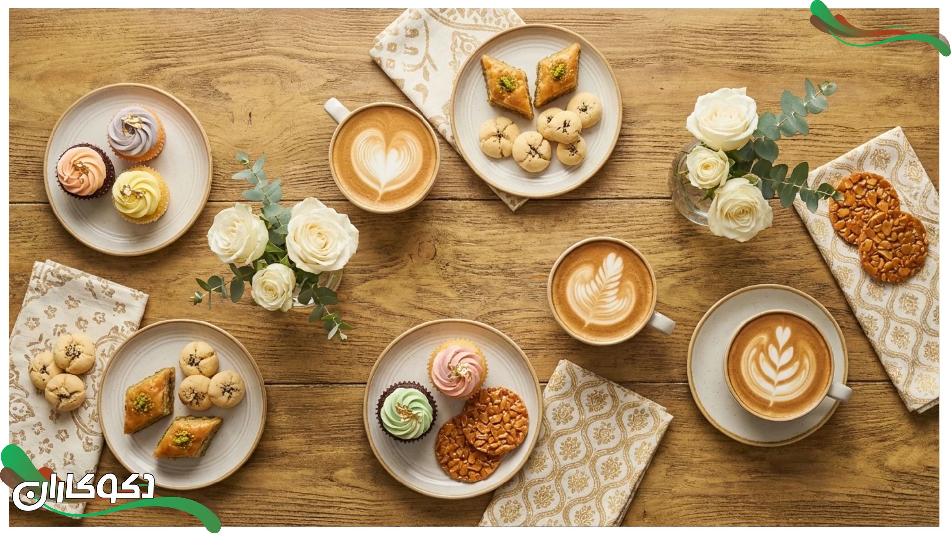 کیک و قهوه‌های مختلف که روی سطح کافی بار سرو شده‌اند