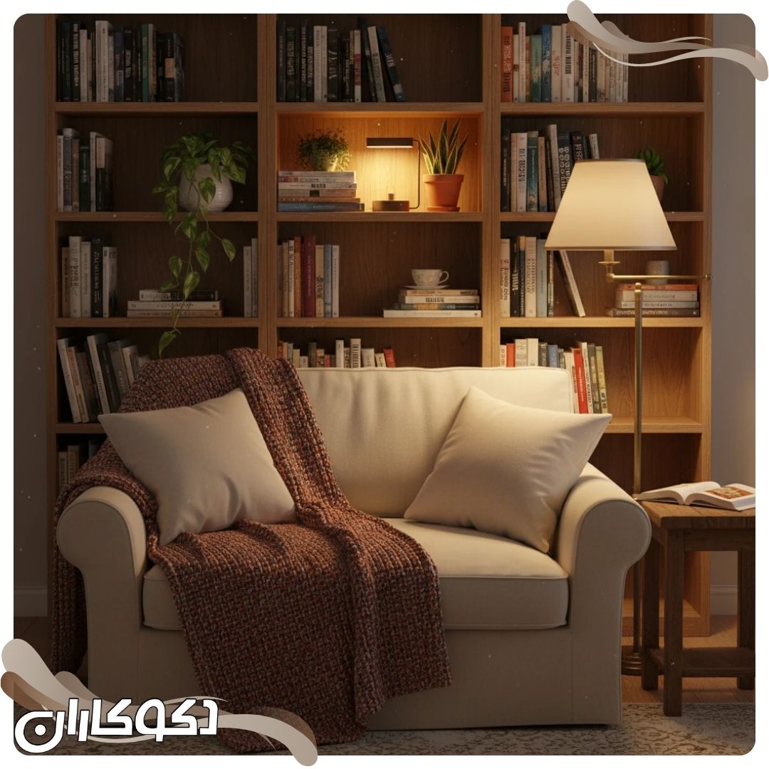 گوشه دنج مطالعه با کتابخانه چوبی و نورپردازی گرم