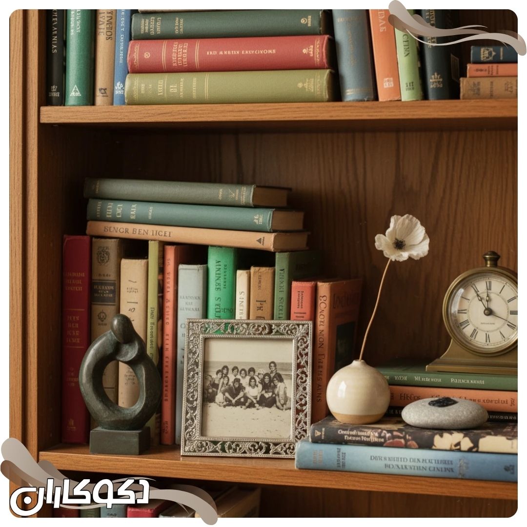 چیدمان شخصیسازی شده کتابخانه با اکسسوریها و دکوریجات
