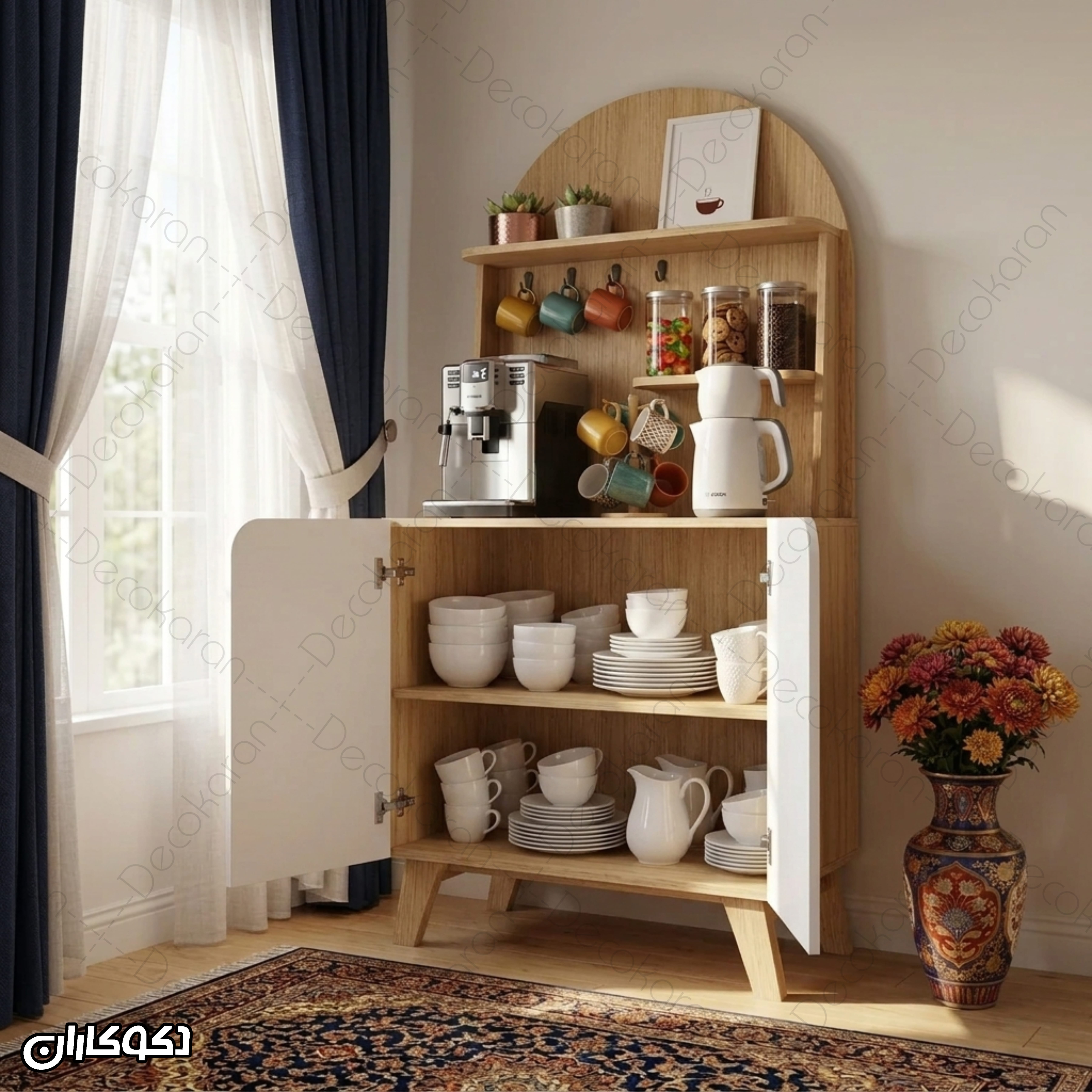 نمای باز کمد کافی بار MDF مدل KF109 با طبقات داخلی