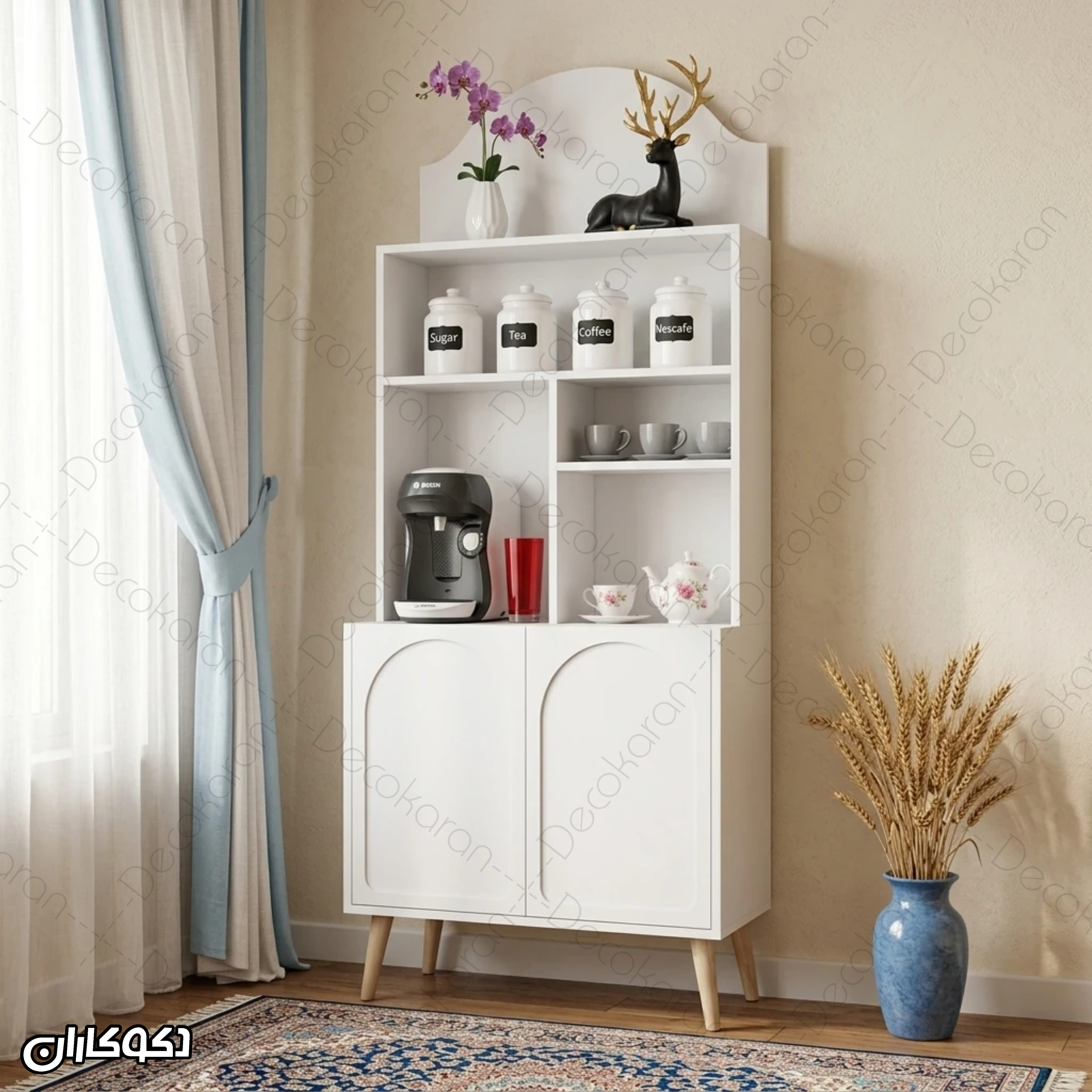 کافی بار MDF سفید مدل KF100 در حالت بسته با درب‌های ممبران قوسی