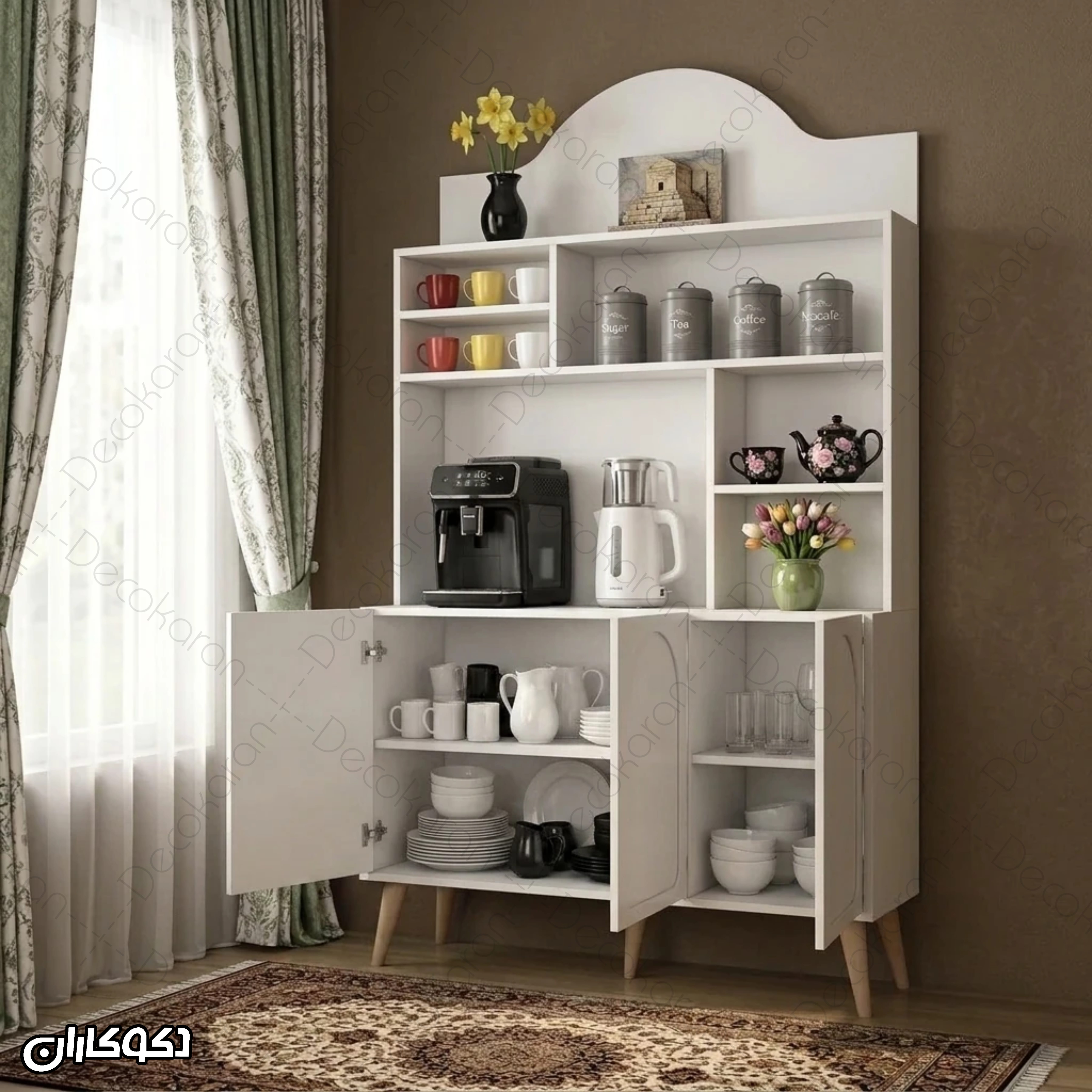 کافی بار MDF مدل KF101 در حالت باز با کابینت داخلی و طبقات نگهداری ظروف