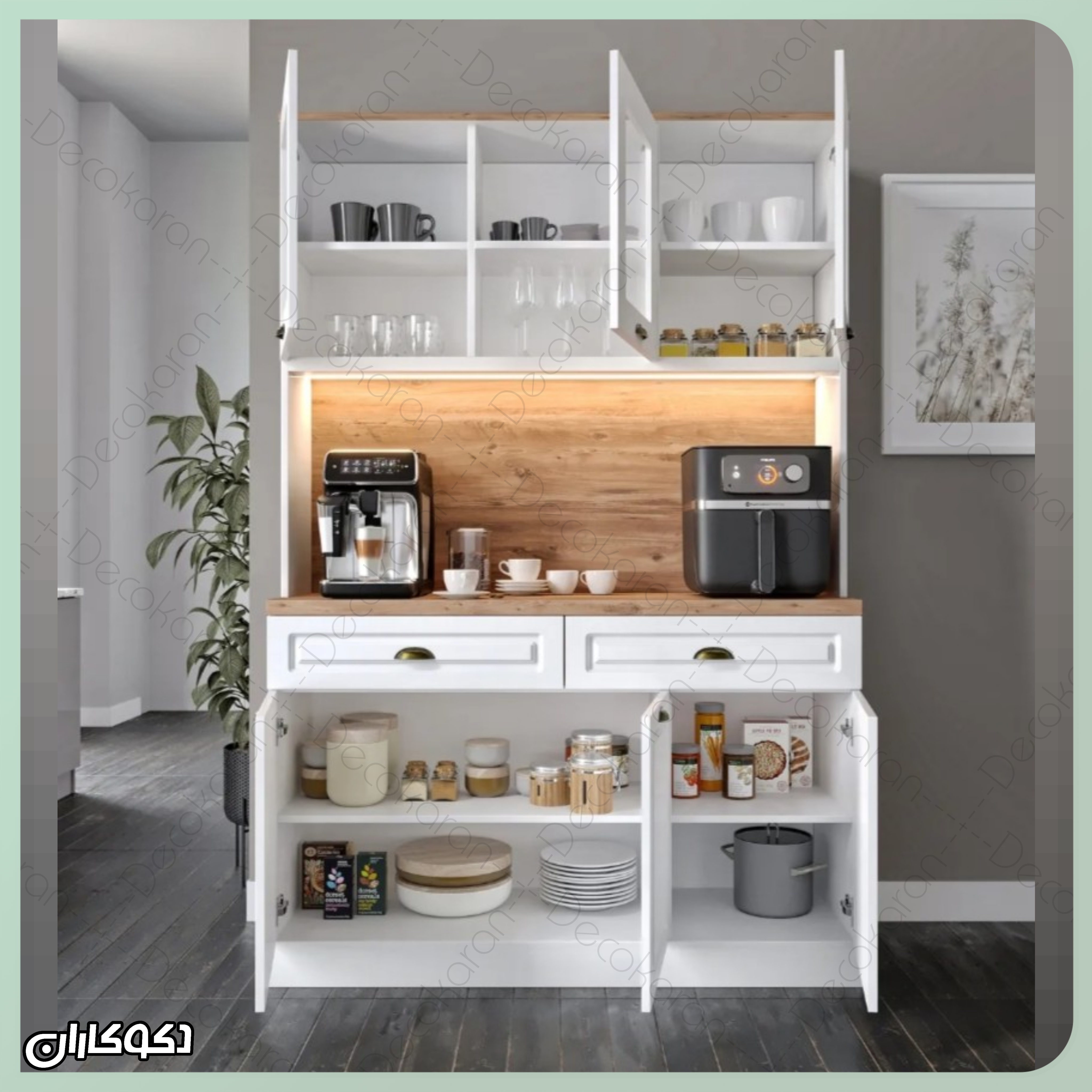 فضای داخلی کافی بار دکوکاران مدل KF129 شامل کابینت‌ها، کشوها و قفسه‌های جادار برای ظروف و مواد خوراکی 