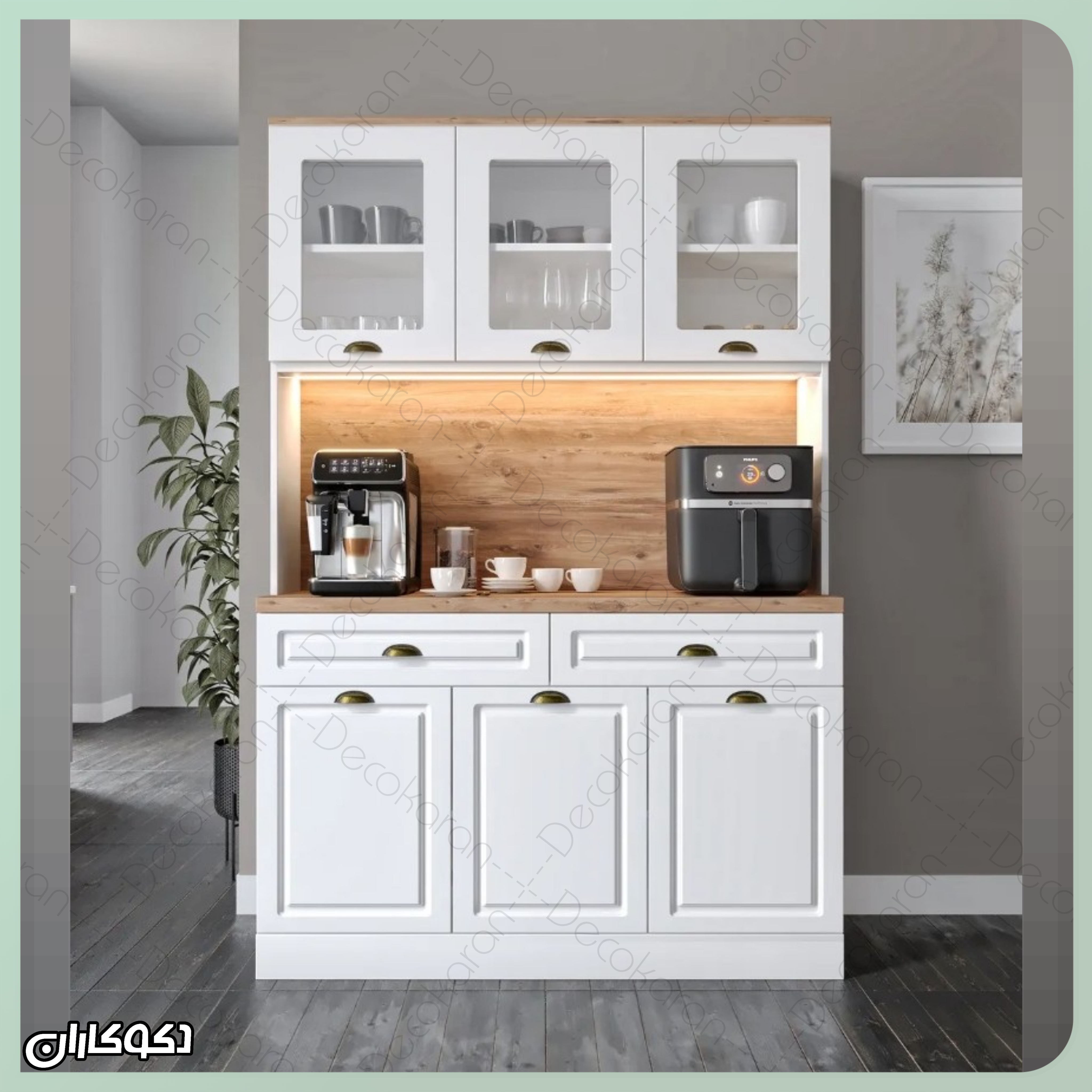 کافی بار سفید و چوبی دکوکاران مدل KF129 با نور LED، کابینت شیشه‌ای و صفحه مقاوم MDF