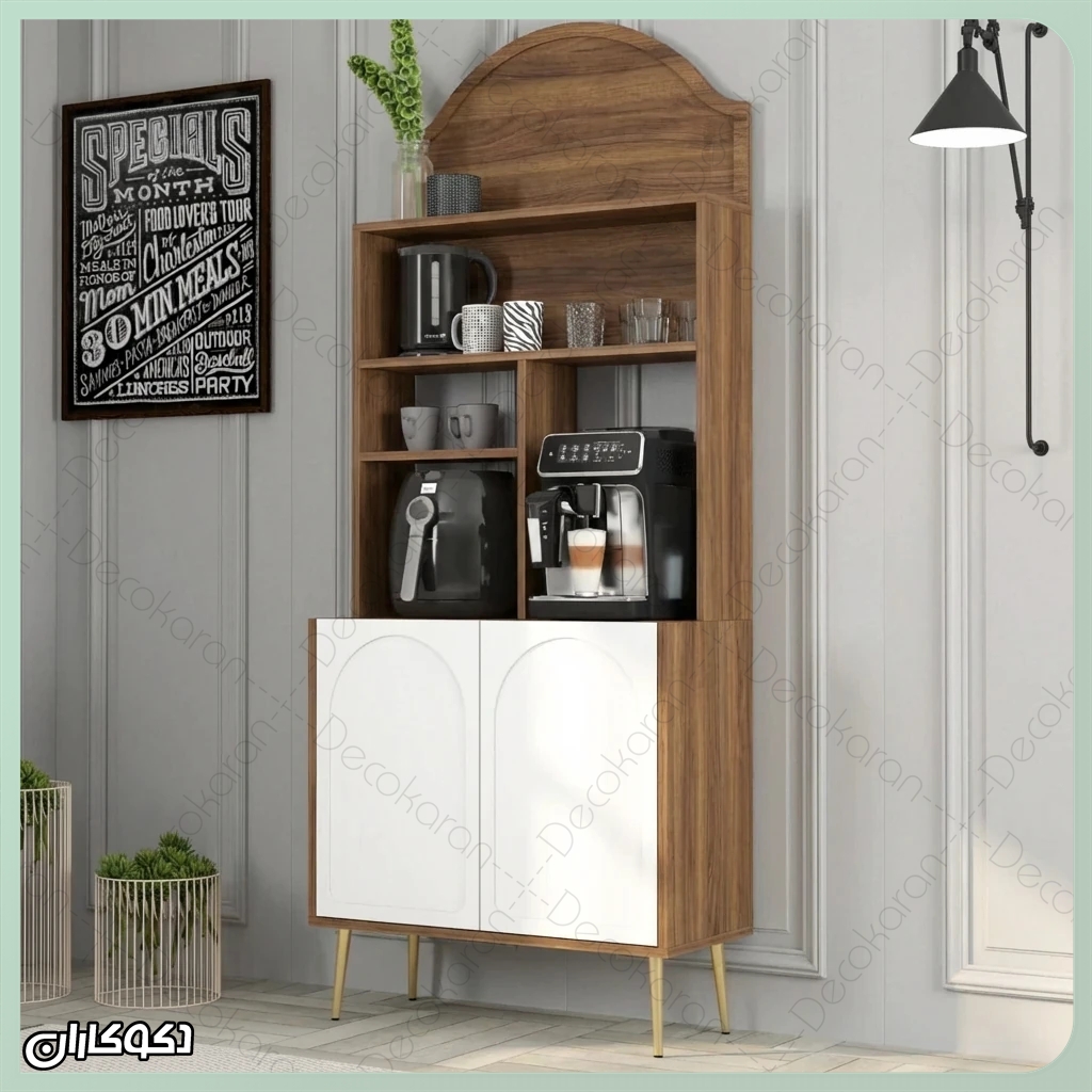 کافی‌بار مدرن دکوکاران مدل KF105 با قوس بالایی و ترکیب رنگ سفید و چوبی