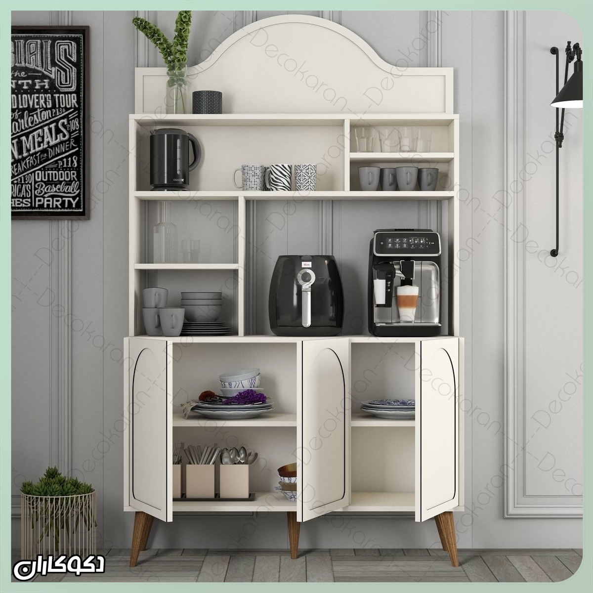 کافی‌بار مدرن دکوکاران مدل KF101 با درهای باز و طبقات داخلی ظروف و ماگ‌ها