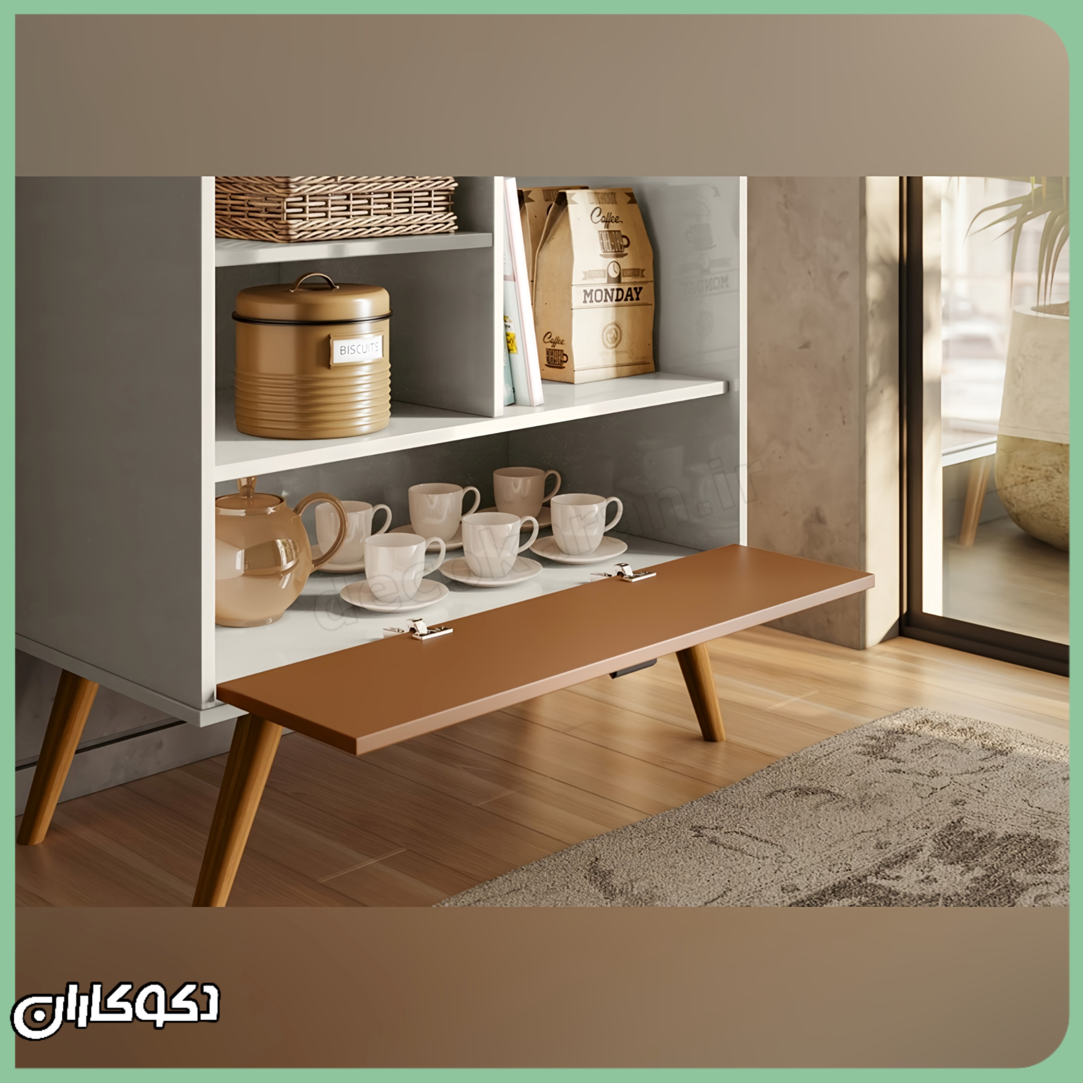 ابعاد دقیق کافی بار KF106 با نمایش اندازه قفسه‌ها و کشو