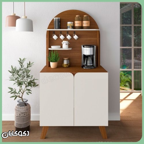 میز کافی بار خانگی مدل KF108 دکوکاران با پنل پشتی قوس دار و رنگ چوب و سفید مناسب دکوراسیون مدرن
