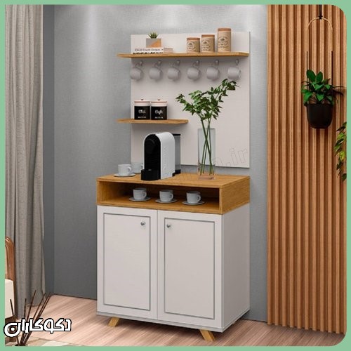 میز کافی بار خانگی KF110 دکوکاران رنگ سفید و چوب با پنل دیواری و آویز ماگ