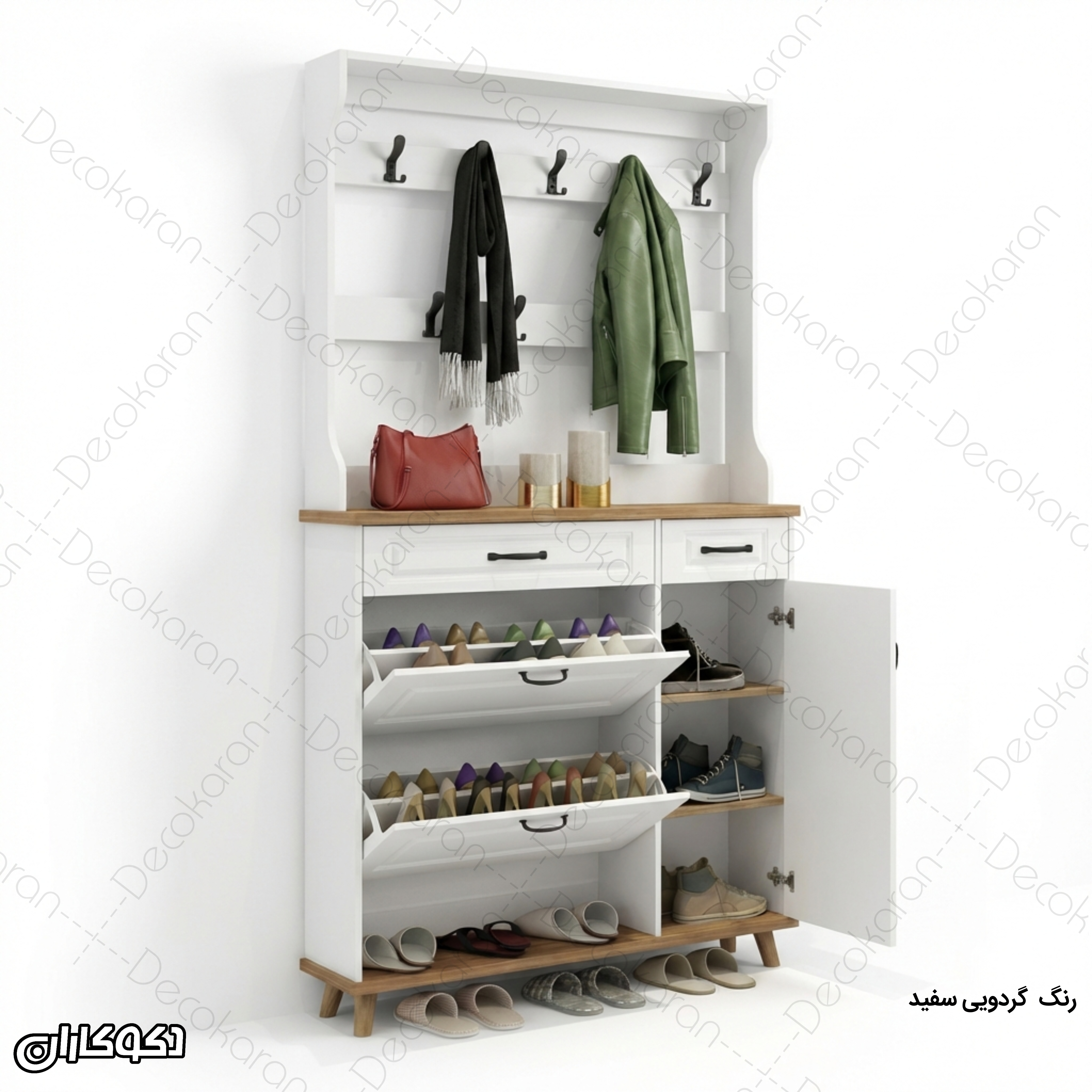 جالباسی جاکفشی مدل JL117 سفید و چوبی با جاکفشی داشبوردی