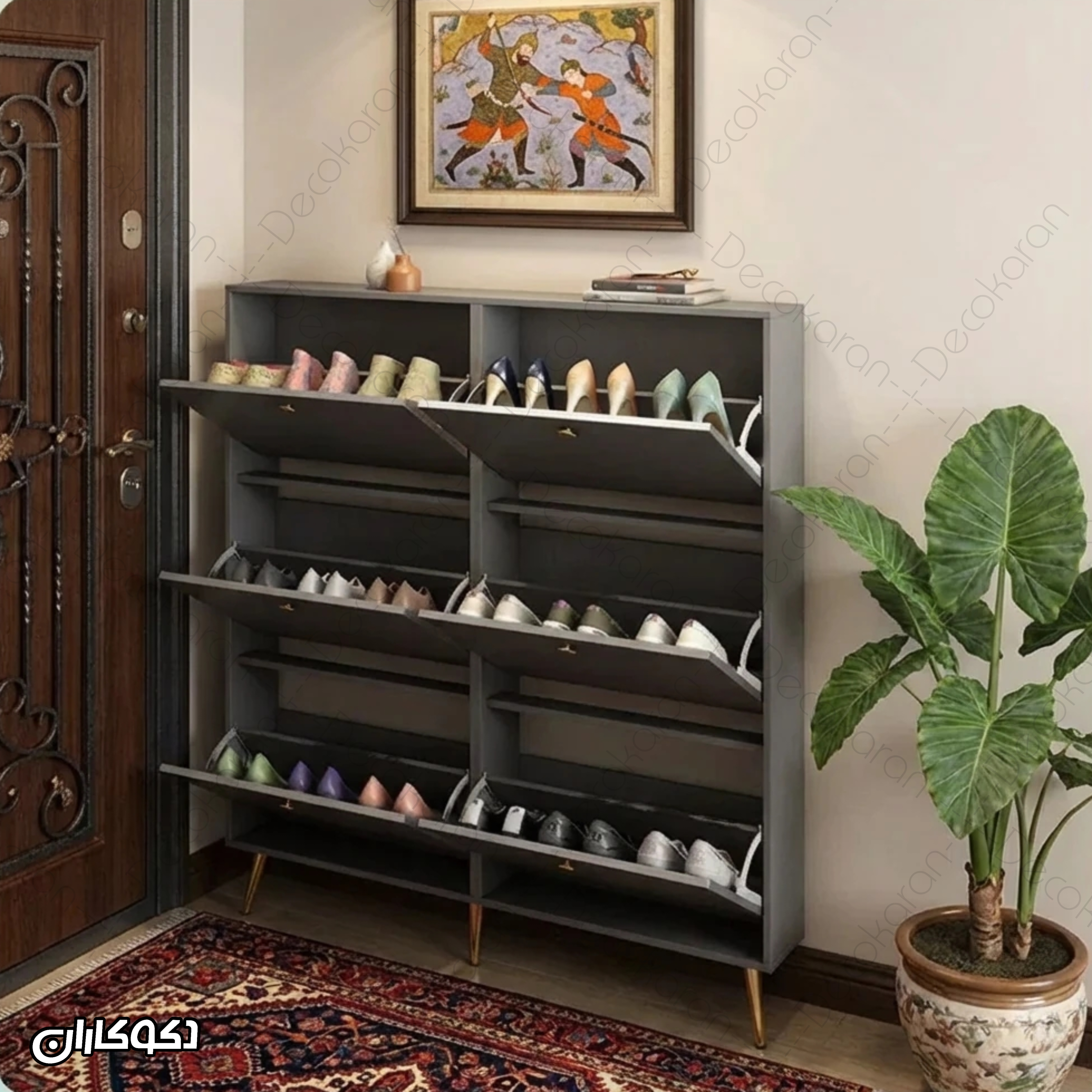 جاکفشی کنسولی طوسی با دستگیره های طلایی