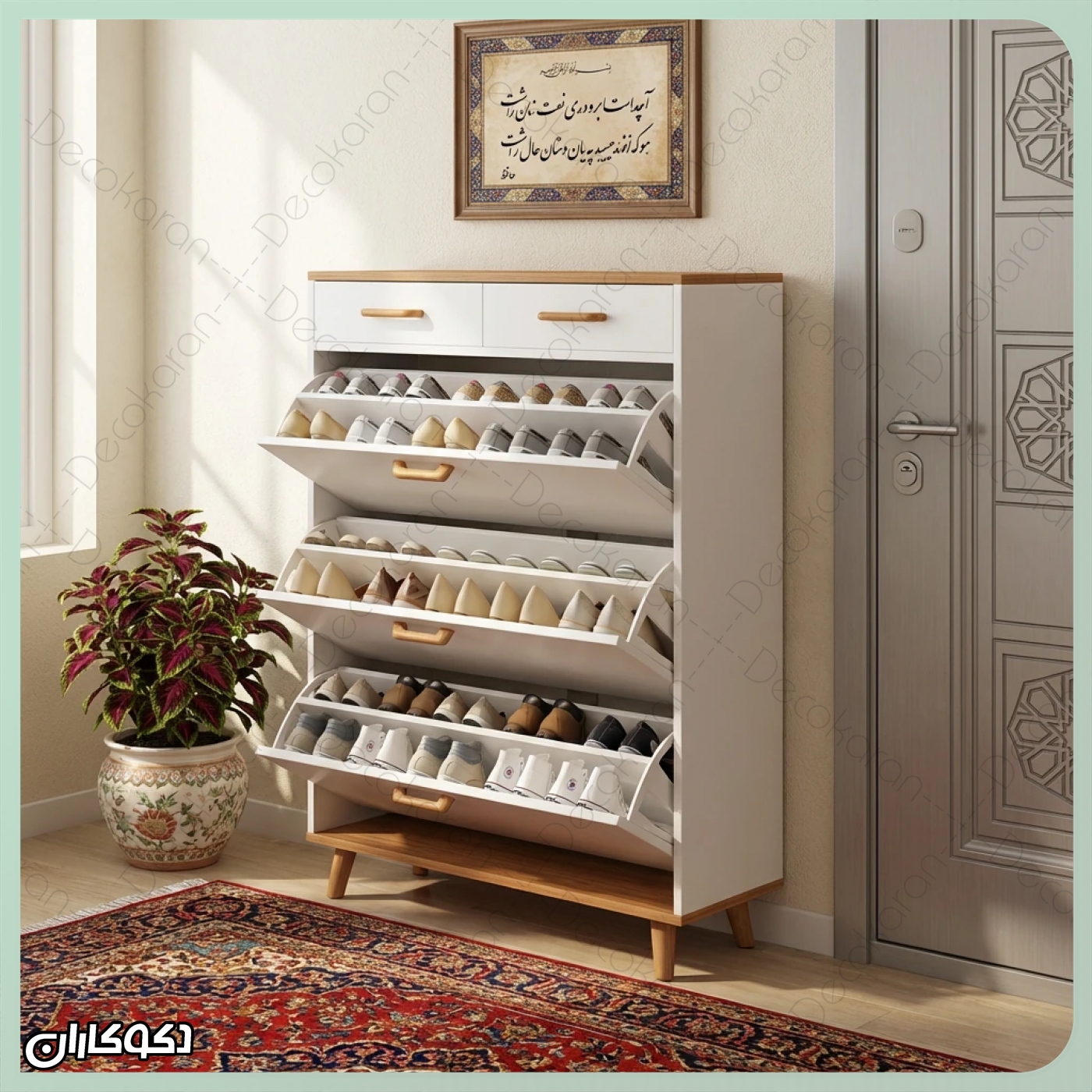 جاکفشی سفید و چوب مدل JKD103 در دکوراسیون ورودی