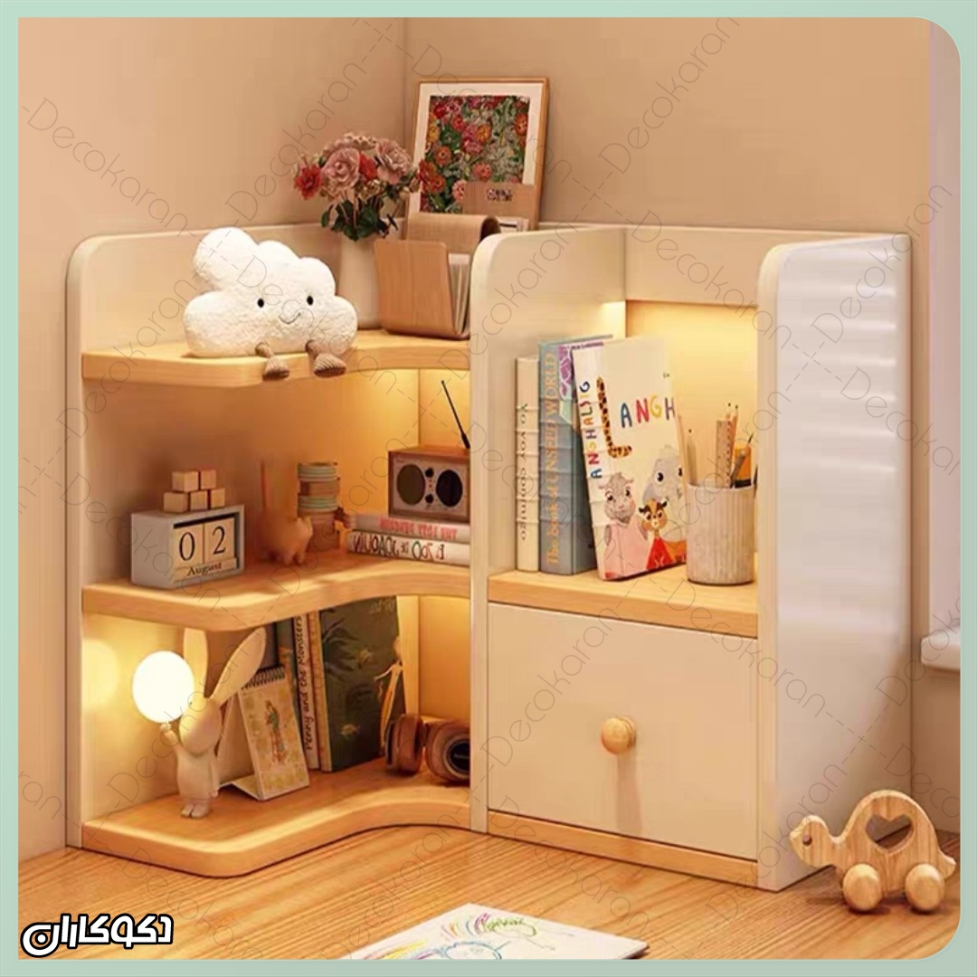 شلف رومیزی چوبی و سفید مدل S134 با نورپردازی LED دکوکاران مناسب دکور مدرن