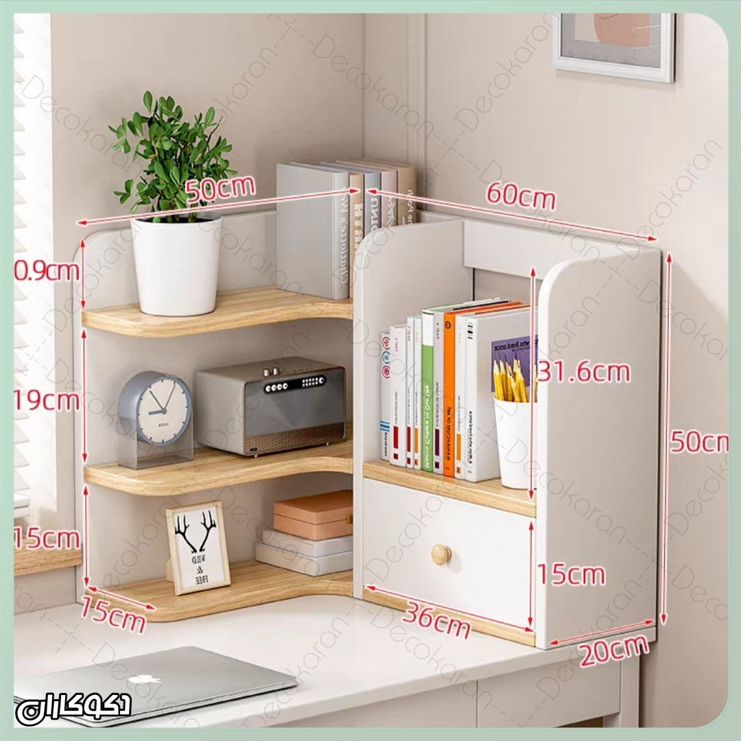 شلف رومیزی MDF سفید و چوبی مدل S134 دکوکاران با طراحی مدرن و ابعاد دقیق