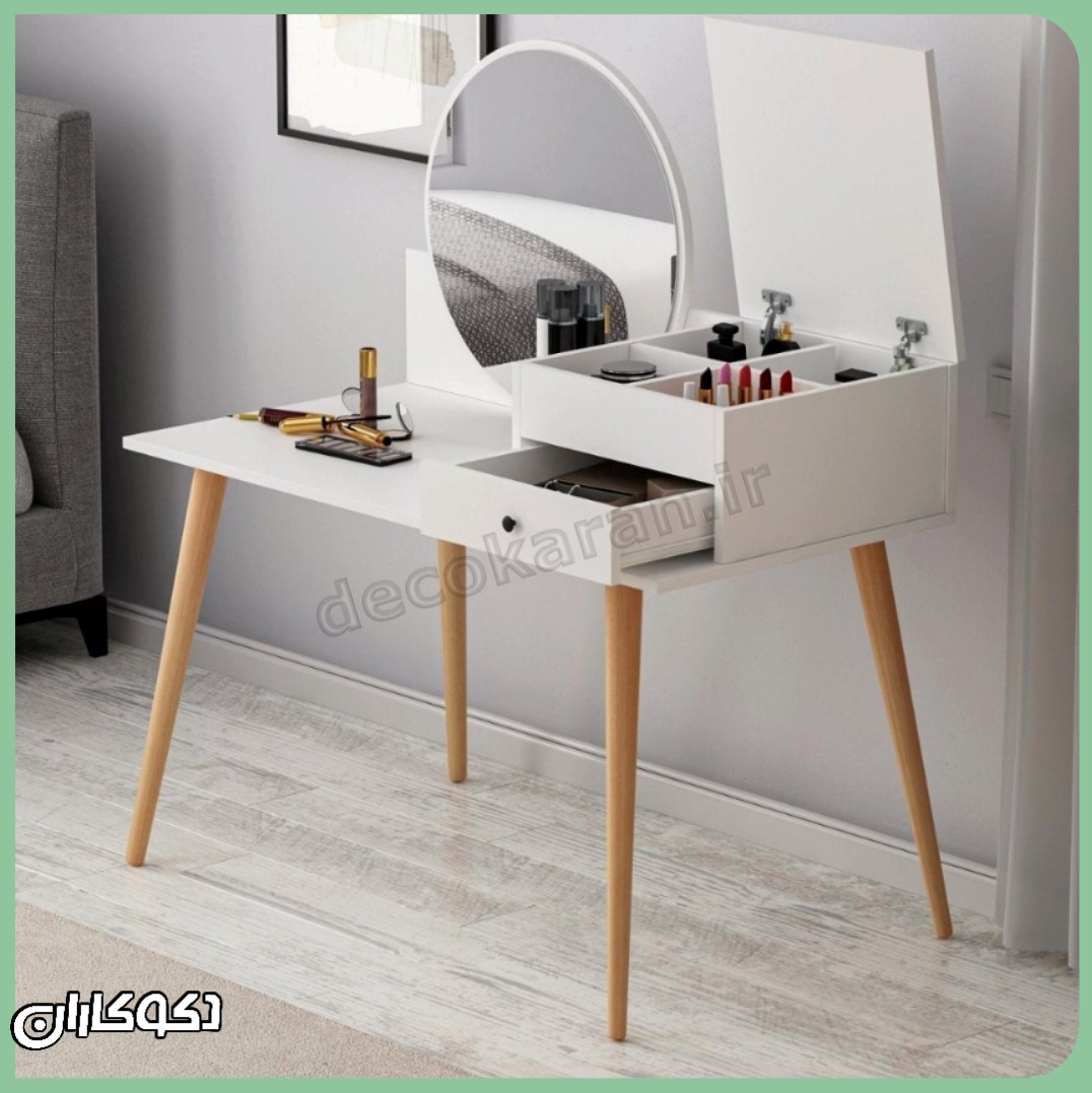 جزئیات باکیفیت میز آرایش MZ175 دکوکاران: دستگیره چوبی، لبه‌های پرداخت‌شده، و اتصالات محکم