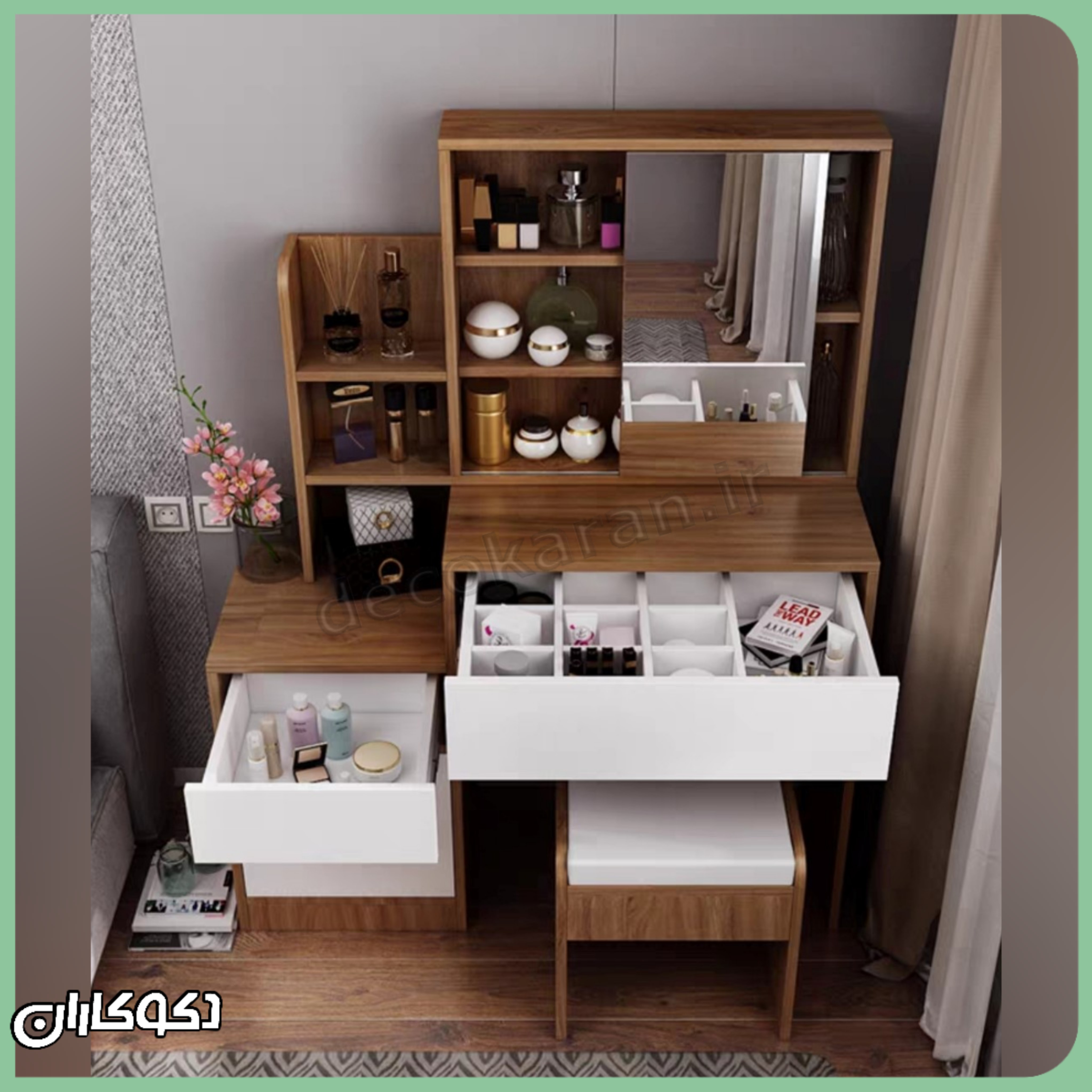 میز آرایش MZ177 دکوکاران با آینه ریلی و کشوهای منظم، طراحی جمع و جور برای فضاهای کوچک