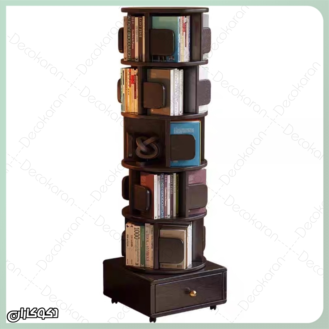 کتابخانه چرخشی با کشو، مدل K187، چیدمان کتاب و دکور در اتاق نشیمن – دکوکاران