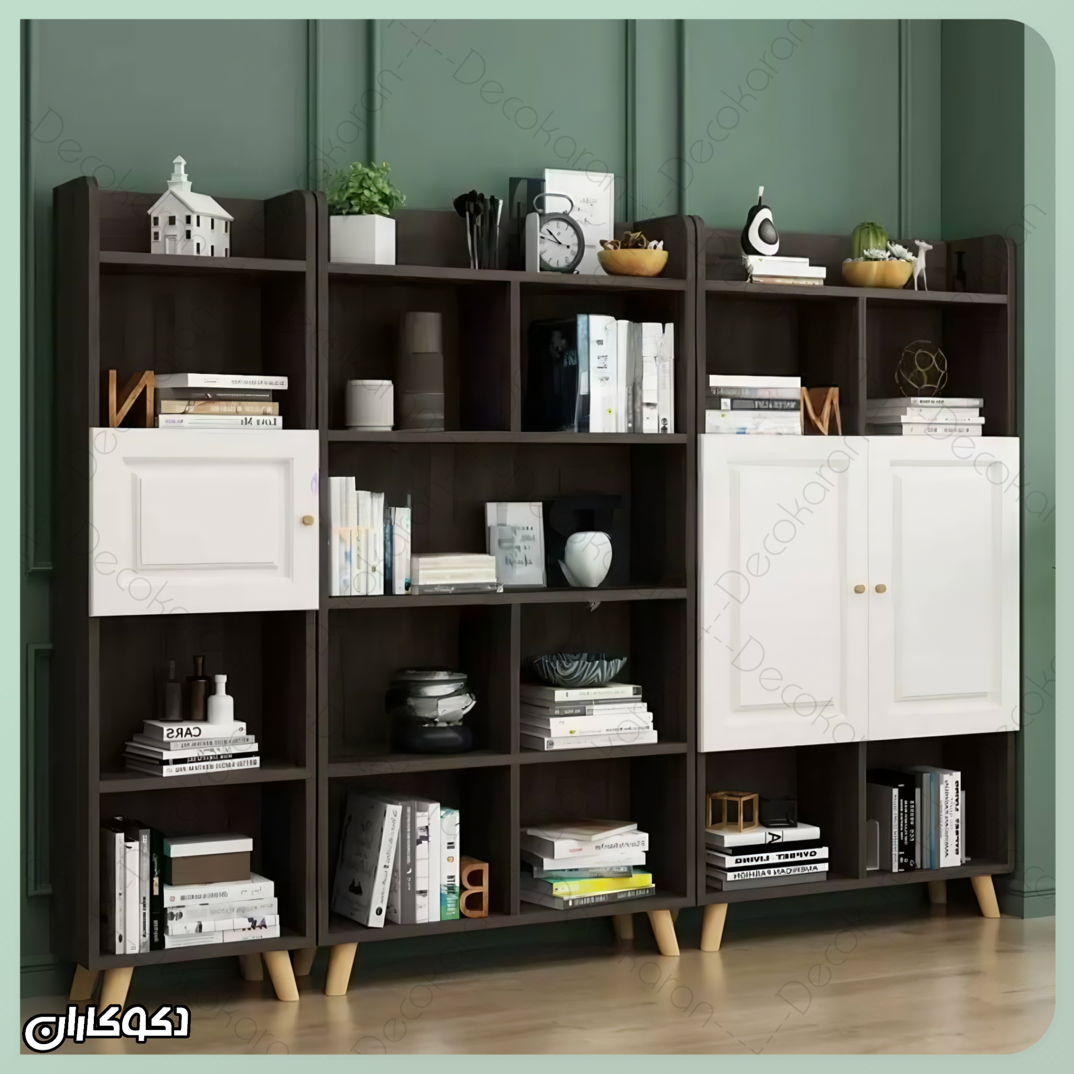 کتابخانه قهوه‌ای تیره با درب سفید