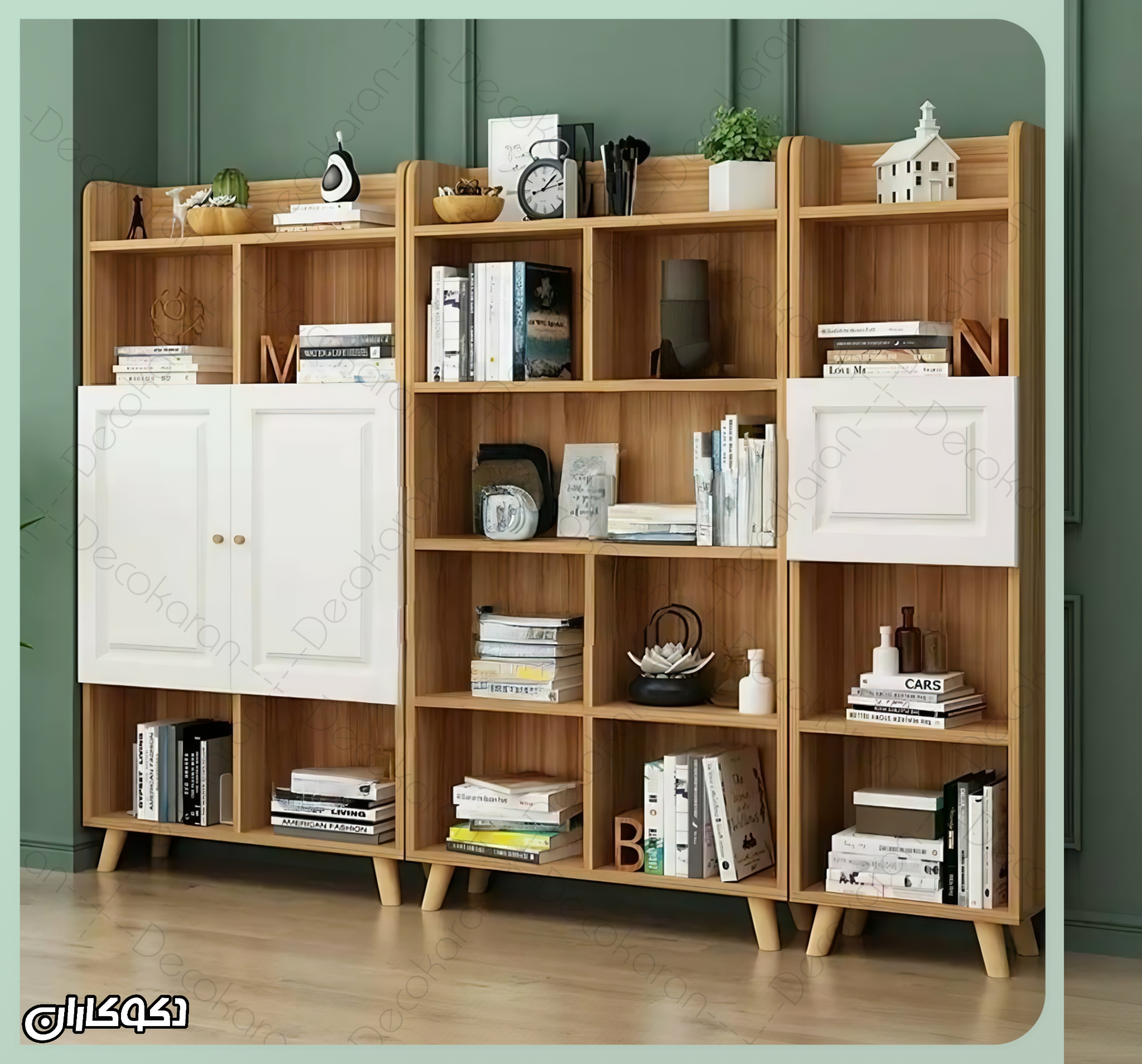 کتابخانه رنگ چوبی روشن با درب سفید