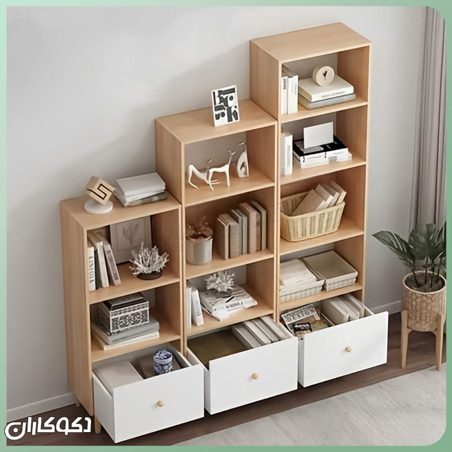 کتابخانه مدرن K100 با طراحی هندسی و نامتقارن در یک دکوراسیون مینیمال