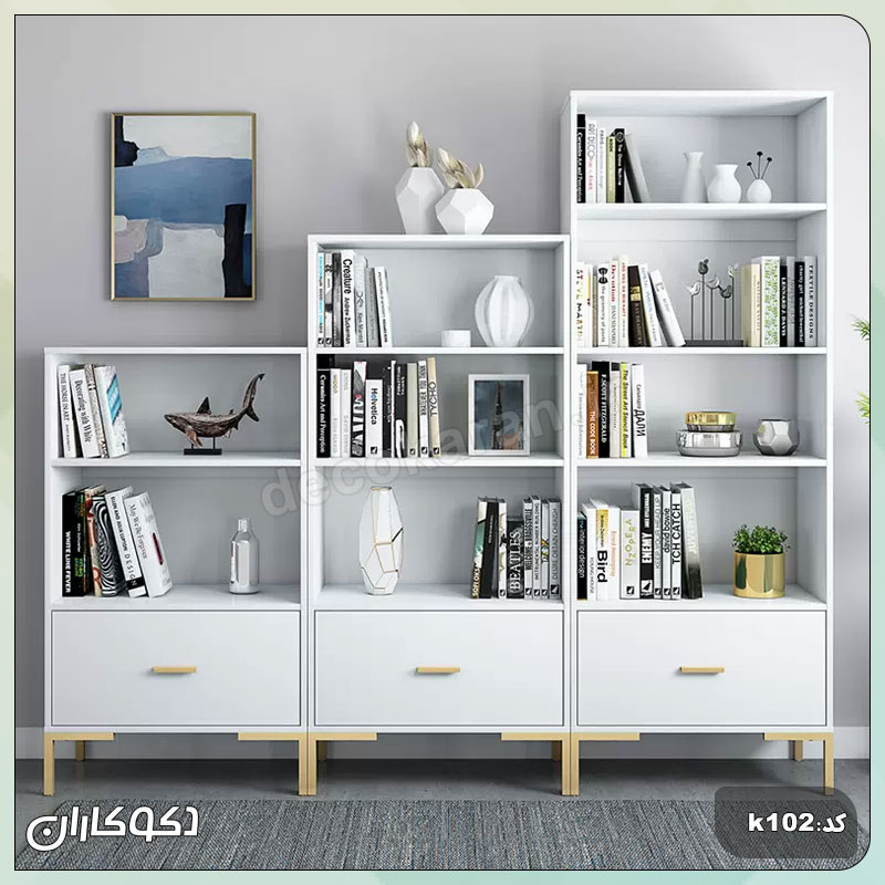 کتابخانه مدرن و شیک k103 دکوکاران چیدمان شده به صورت خطی در دکوراسیون مینیمال