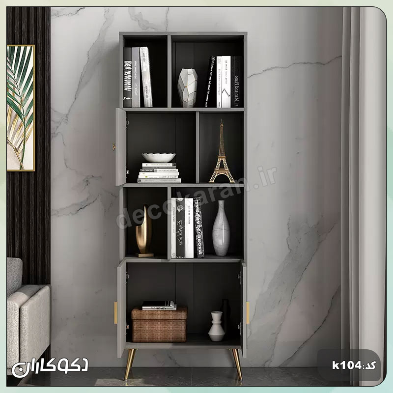 نمای داخلی و فضای ذخیرهسازی کتابخانه شیک مدل k105 با دربهای باز و بسته