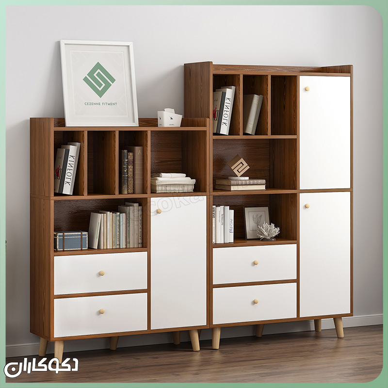 چیدمان دو کتابخانه مدرن K106 در کنار هم به عنوان یک واحد دکوراتیو عریض و خاص