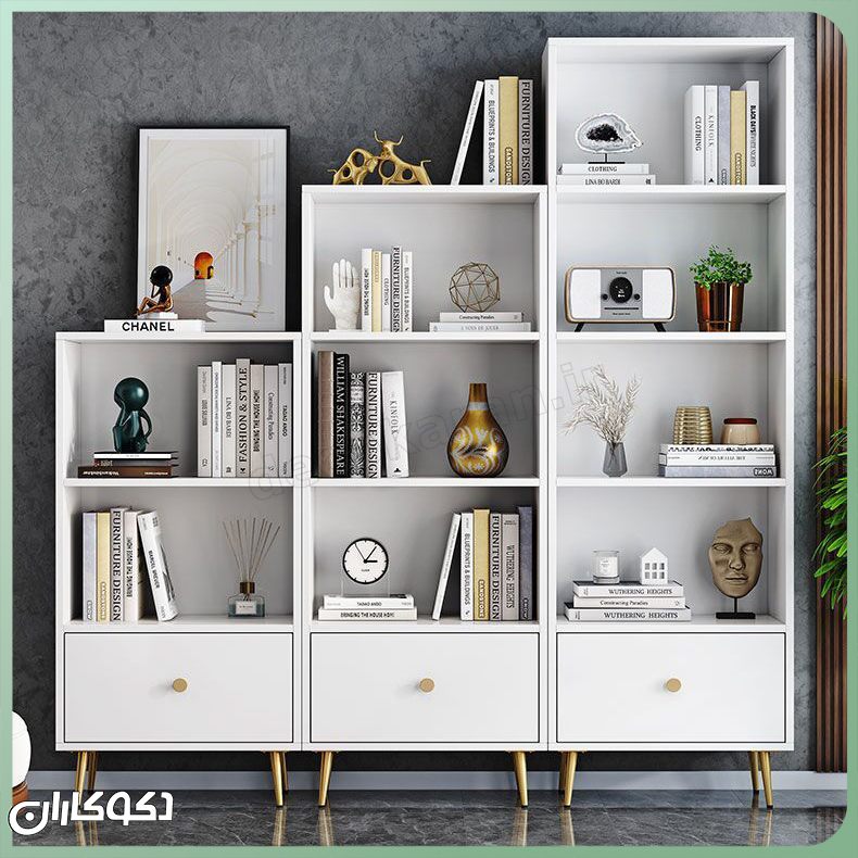 کتابخانه ست سه تکه سفید مدل K101 با طراحی مدرن و پایههای فلزی