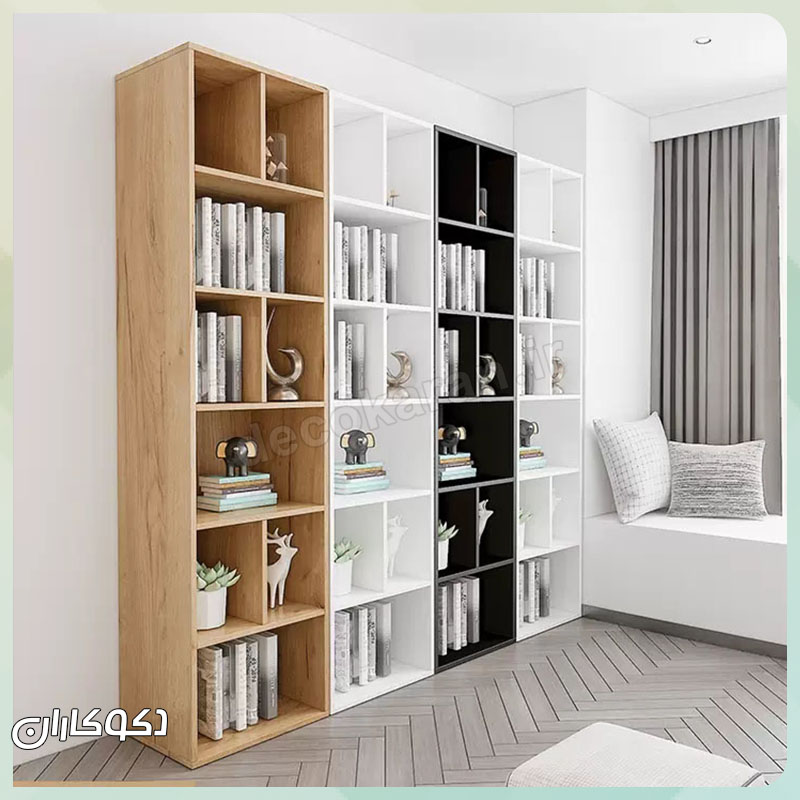 چیدمان سه کتابخانه دو رنگ مدرن K108 برای ساخت یک دیوار کتاب کامل